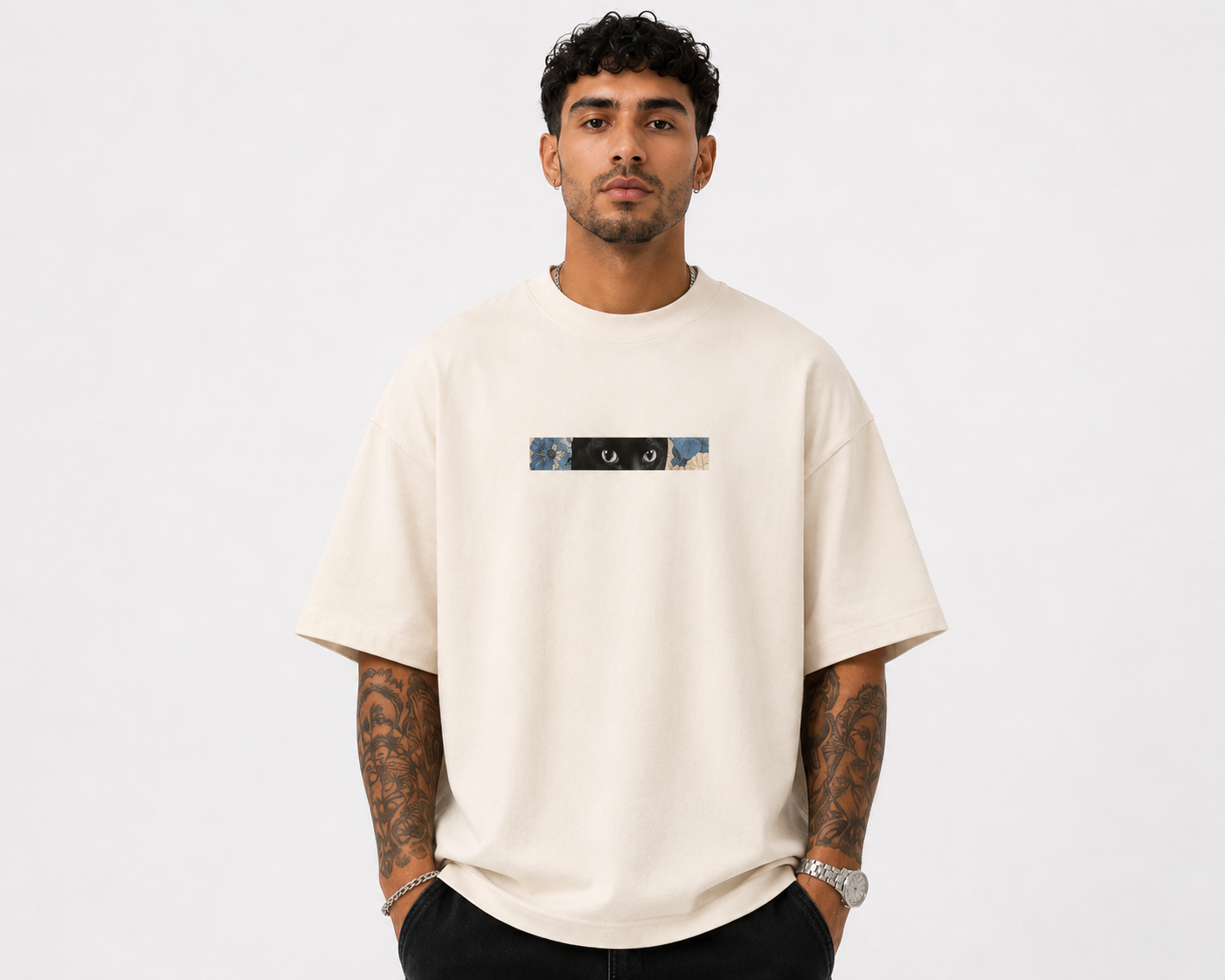Midnight Cat Floral Oversized T-Shirt