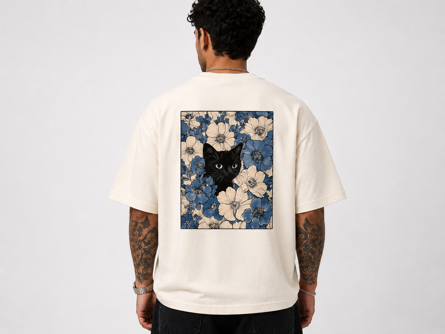 Midnight Cat Floral Oversized T-Shirt
